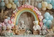 YongFoto Balloons Arch Backdrop 7x5ft Bear Pampas Flowers Photography Background Baby Shower Sweet Girl Half 1st First One Two Year Old Birthday Party Banner Portraits Photoshoot Wallpaper Props