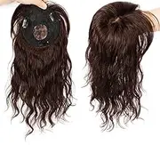 Top Wavy Hairpieces Human Hair Clip in Topper with Front Bangs 12x12cm Silktop Base Hair Topper Wig Realistic Wavy Wiglets Hairpieces for Women with Thinning Hair 12" Dark Brown