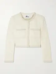 [Self-Portrait] Self-Portrait - Cropped Faux Pearl-embellished Sequined Tweed Jacket - Cream - UK 14 UK 14 Cream