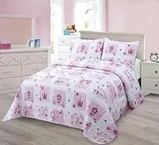 MK Collection Bedspread Set Kids Teens Little Princess Printed Bedding Set, Pink and White Princess Print Bedding, Crown Princess Pink, White and Purple, Flowers Bedspread Set New (Full/Queen)