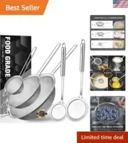 Fine Mesh Strainer and Fat Skimmer Spoon Set, Multipurpose Metal Strainers fo...