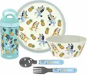 Zak Designs 5-Piece Dinnerware Set, Bluey - Durable Plastic & Stainless Steel - Includes Water Bottle, 8-Inch Plate, 6-Inch Bowl, Fork & Spoon - Suitable for Kids Ages 3+