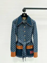 在飛比找Yahoo!奇摩拍賣優惠-#外套 Gucci 丹寧牛仔腰帶款滿logo牛仔外套，38碼