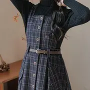 Set: Mock Neck Plain Sweater + Plaid Overall Midi A-Line Dress Set of 2 - Sweater & Dress - Navy Blue & Black - S