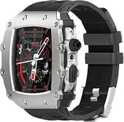 [CZKE] Luxury Stainless Steel bumper Watch Case，For Apple Watch 8 7 45mm with Mod Kit Rubber Strap for men fluororubber band and Steel Buckle Case Set，For iWatch Series 6 5 4 SE 44mm