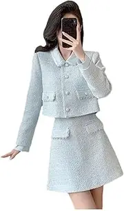 [Generic] Women Sweet Chic Pearl Beading Woolen Jackets Mini Skirts Suit Korean Female Outfits