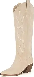 [iiimmu] Cowgirl Boots Women Knee High Boots Pointed Toe and Block Heel Cowboy Suede Boots with Embroidered