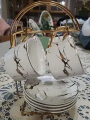 Jusalpha White & Gold Hand Painted Coffee Set With Rack ...beautiful!