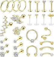 [JeryWe] 27Pcs 16G Cartilage Earrings Stud Hoop for Women Men Stainless Steel Helix Piercing Tragus Earrings Forward Conch Piercing Jewelry