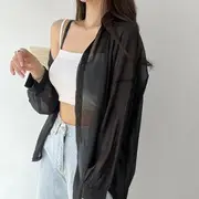 Long-Sleeve Plain Sheer Shirt Black - One Size