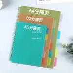 熱銷中🎉活頁分隔板 A4彩色索引 分隔頁 透明活頁本通用標籤分類紙B5活頁紙分頁紙A5隔紙