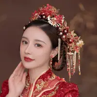在飛比找Yahoo!奇摩拍賣優惠-水舞U0911新娘頭飾中式金底紅發釵套裝古裝秀禾龍鳳褂結婚禮