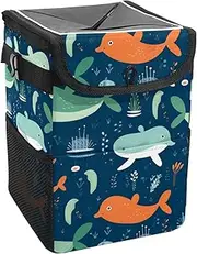 Car Trash Can with Lid and Storage Pockets Leak-Proof Organizer,Waterproof Garbage Can,Sea Wave Whales Cute