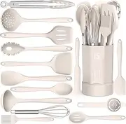Dishwasher Safe Silicone Cooking Utensils Set - 446°F Heat Resistant Basic Silicone Kitchen Utensils,Turner Tongs, Spatula, Spoon, Brush, Whisk, Gadgets Tools for Nonstick Cookware (BPA Free - Khaki)