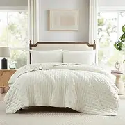 WDCOZY Ivory Cloud Quilt Queen Size Bedding Set with Pillow Sham, Cream White Puffy Cozy Lightweight Bedspread Coverlet, Soft Cute Bed Cover for All Season - 3 Pieces, 90x90 inches