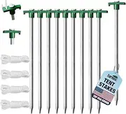 Eurmax 10'' Galvanized Non-Rust Camping Family Tent Pop Up Canopy Stakes 10pc-Pack Bonus 4x10ft Ropes & 1 Green Stopper