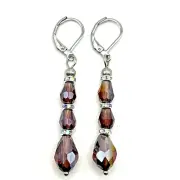 Aurora Borealis Purple Glass Rhinestone Beaded Linear Dangle Leverback Earrings
