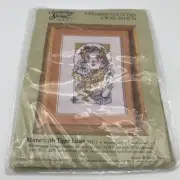 Colorful Framed Cross Stitch Mime With Roses Vintage 8” x 7”