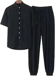 [NTWSHS] Chinese Clothing Chinese Clothing Tang Suit Men Hanfu Kung Fu Uniforms Short Sleeve and Pants, Cotton Linen Tai Chi Clothes Martial Arts Suit Breathable Zen Meditation Uniform Shirt(Black,XX-Large)
