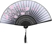 Hand Held Fans, Chinease Japanese Folding Hand Fan Flowers Pattern with Tassel for Wedding Party Gift Dance Props Home Office Decoration (Length: 21cm)(Gray)