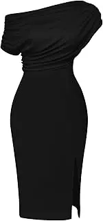 [Memoriesea] Women's Elegant Off Shoulder Split Hem Bodycon Ruched Midi Club Party Dress