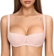 [Dobreva] Women's Balconette Bra Sexy Lace Demi Underwire Shelf Plus Size Lightly Padded Wide Straps