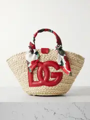 [Dolce & Gabbana] Dolce & Gabbana - Kendra Floral-print Silk-twill And Leather-trimmed Woven Straw Tote - Beige - One size One size Neutrals