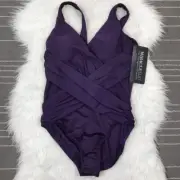 Miraclesuit Illusionist Crossover swimsuit size 14 slimming sheer mesh purple
