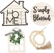 HOOTNEE Home Decor Set Farmhouse Tiered Tray Decor Wood Bead Garland 4 Piece Set