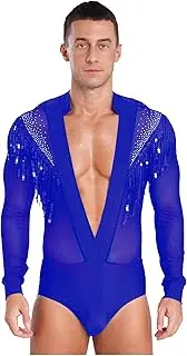 [Manyakai] Men Latin Dance Shirt Leotard Deep V Neck Sheer Mesh Jumpsuit Salsa Samba Cha Cha Tango Dance Top