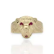 Textured Tiger Head Ruby Eyes CZ Yellow Gold Ring - 10K Yellow Gold