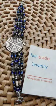 African Jewelry Silver Coil Wire Beads Beaded Blue Bracelet Kenya
