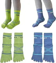 [Pursuestar] 2 Pairs Cotton Five Finger Toe Socks Athletic Sports Running Tabi Seperated Crew Socks for Boys Girls Kids Teens 6-15 Years