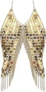 [PETM•HS] Sequin Body Chain Jewelry Women Full Harness Bikini Shoulder Necklace Tassel Crossover Belly Retro Boho Nightclub Beach Metal Cage Belts EDC Club Party Halloween Rave Costume Gold
