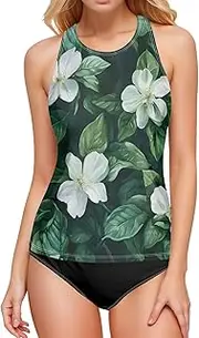 [AIXIWAWA] Women's Tankini Tops-White Floral Leaf, Swimsuit Top for Beach Pool Vacation S