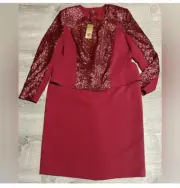 NWT Basler 3 Piece Red Sequin Asymmetric Blazer Skirt Silk Set Size 44 US 14/16