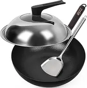 Souped Up Recipes 13.4 Inch Carbon Steel Wok for Electric, Induction and Gas Stoves (Lid, Spatula and User Guide Video Included)