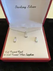 Sterling Opal White Sapphire (Lab) Jewelry Set Necklace Pendant Earrings Women