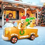 OurWarm Gingerbread Man Truck Christmas Inflatable, 8FT Outdoor Decoration, Warm White LED Lights, Polyester Material