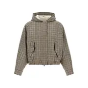 [Brunello Cucinelli] Brunello Cucinelli Shiny Zipper Pull Check-print Jacket 42 IT NEUTRALS