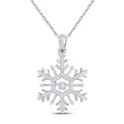 14k White Gold Round Diamond Snowflake Winter Cluster Pendant 1/6 Cttw
