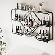 Black Wall Mounted Wine Rack with Glass Holder Liquor Shelf and Coffee Bar Cabinet Kitchen Storage Organizer for Whiskey 120 * 70 * 20 Dimensions