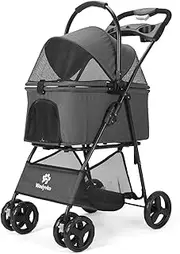 Pet Stroller, 4 Wheels Pet Strolling Cart for Medium/Small Dogs and Cats, Foldable Cat Jogger/Dog Stroller with Cup Holder, Storage Basket, Breathable Mesh, All-Season Pet Carrier (Black)