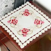 33" Flowers Embroidery Square Tablecloth, Vintage Classic Lace Beige Red Rose