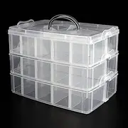 3 Layers Stackable Things & Crafts Storage Box with 30 Adjustable Compartments for Organizing Washi Tape, Embroidery Accessories, Threads Bobbins, Beauty Supplies, Nail Polish, Jewelry (Clear White)