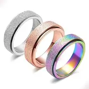 Spinner Ring for Women Anxiety Relief - 3Pcs 6MM Stainless Steel Sand Blast Glitter Finish Rose Gold Silver Rainbow Color Fidget Ring Band Set (11)
