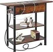 Bedside Table with Charging Station, 3-Tier End Table with USB Ports and Outlets, Nightstand for Small Spaces, Side Tables with Storage Drawer for Living Room, Bedroom, Brown
