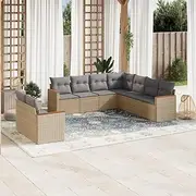 9 Piece Garden Sofa Set with Light Grey Cushions, Mix Beige Poly Rattan, Modular Outdoor Furniture, UV-Resistant, Includes Chairs and Table, Ideal for Patio, Porch, Backyard, and Balcony
