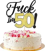 Rsstarxi 1 Pack 50th Birthday Cake Topper Funny Black Gold Glitter 50 & Fabulous Fifty Birthday Cake Pick for Cheers to 50 Years Old Birthday Anniversary Party Cake Decorations