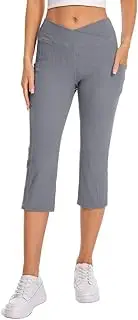 [KOKITA] Women's Cross Waist Capri Running Leggings Yoga with Side Pockets Athletic Exercise High Waisted Tummy Control